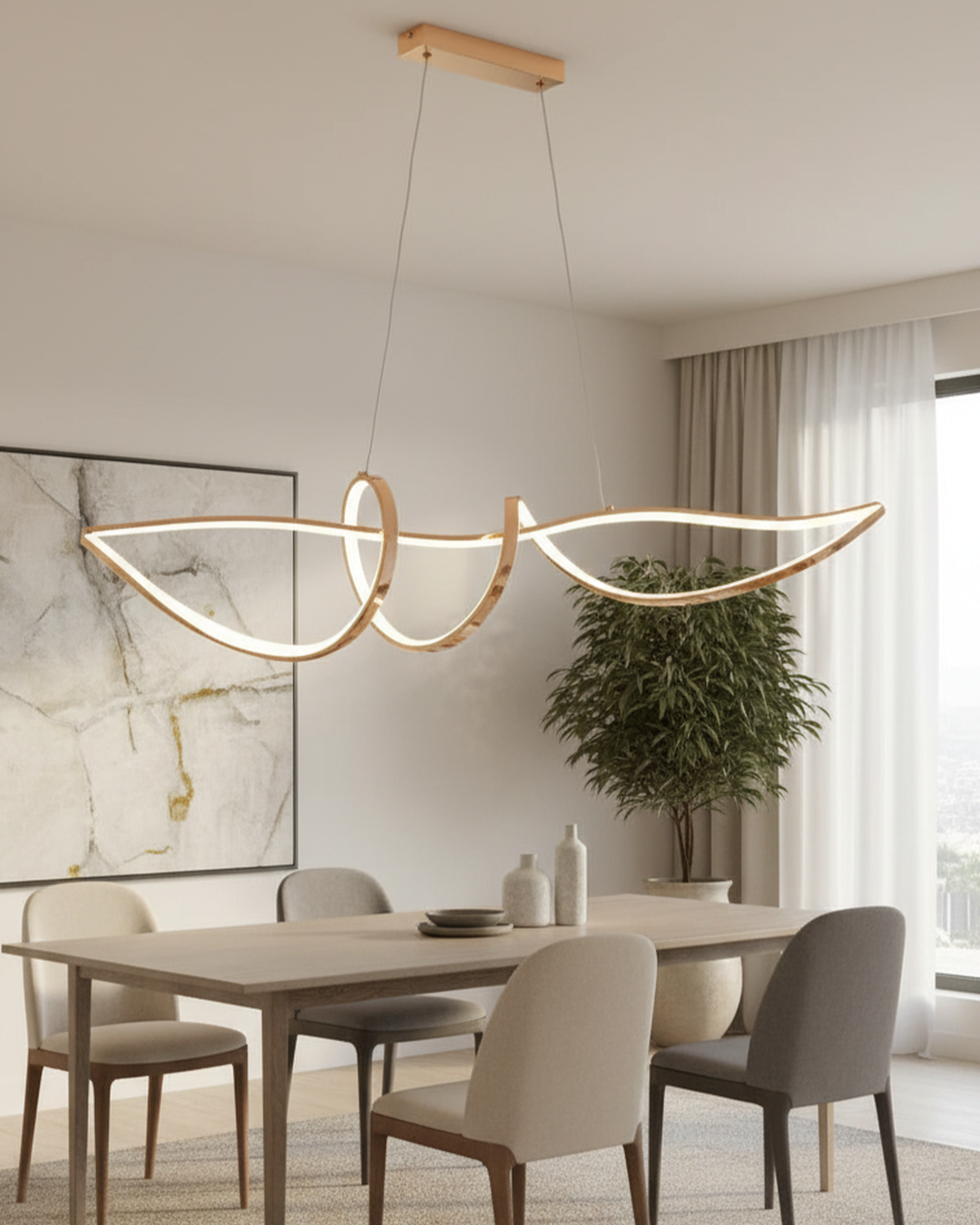 Swanart Modern Pendant Light hanging from ceiling, sleek design with a white shade, ideal for contemporary home lighting.