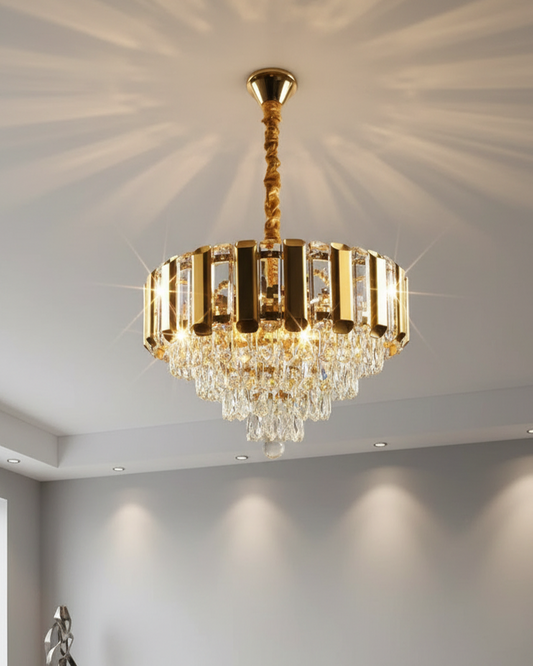 Swanart crystal hanging pendant light with a modern, stylish design, featuring multiple clear glass crystals and a sleek metal fixture.