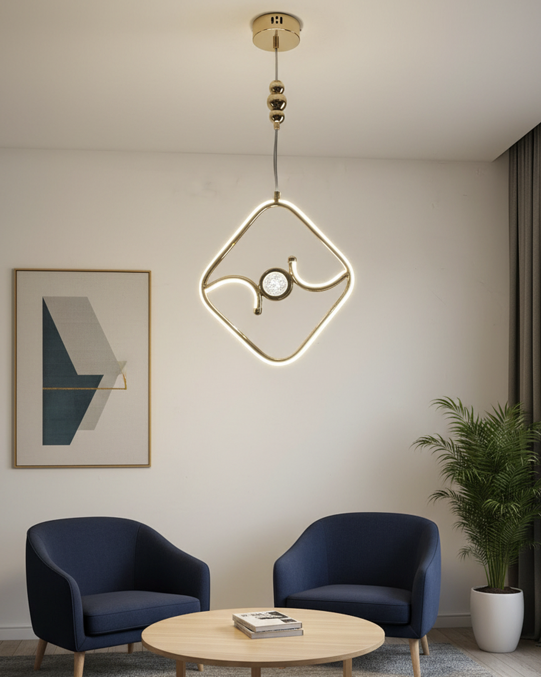 Swanart modern gold LED pendant light with diamond design, contemporary hanging chandelier for living, dining, or bedroom lighting.