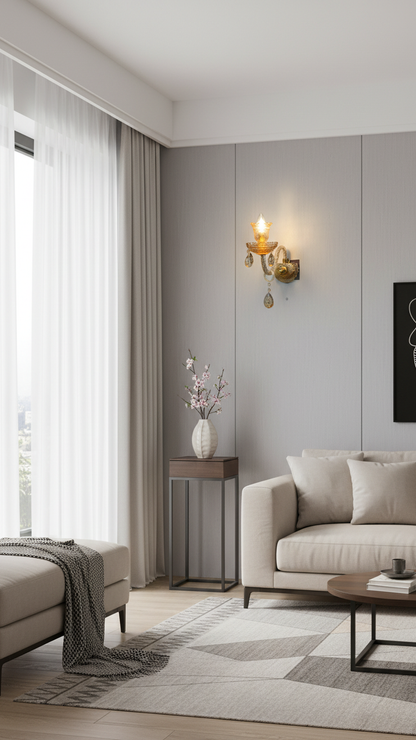 Swanart luxury crystal wall sconce with gold finish and dangling crystal drops, providing warm ambient lighting for living rooms and hallways.