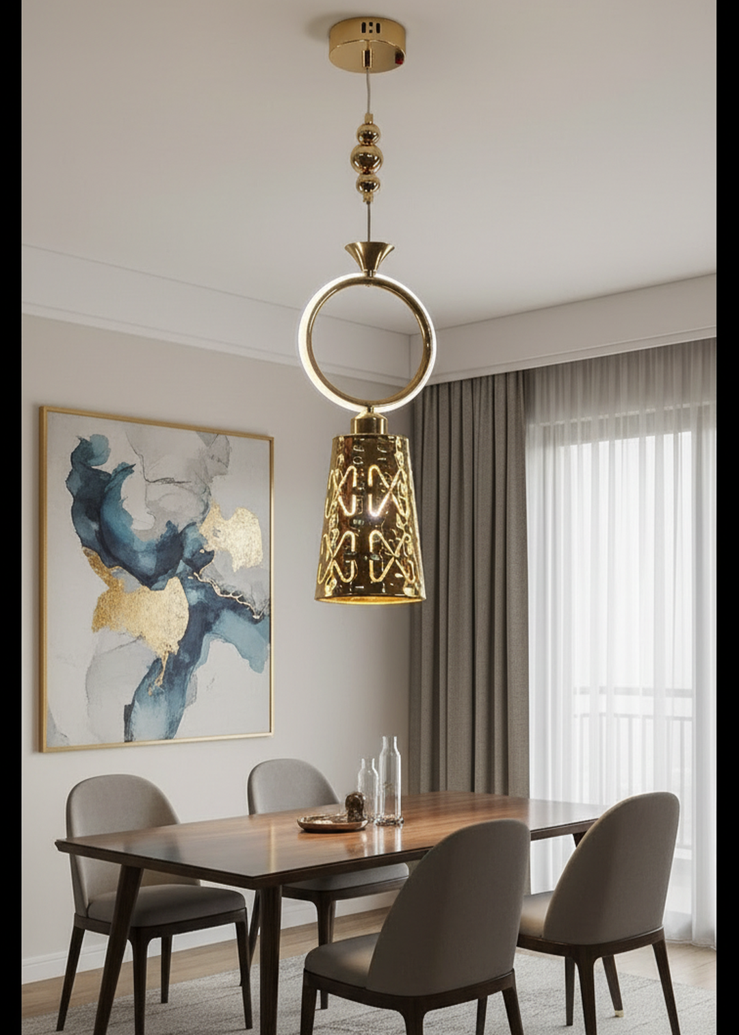 Swanart modern gold pendant light with hammered metal shade and ring design, hanging from adjustable cords for kitchen or dining area decor.