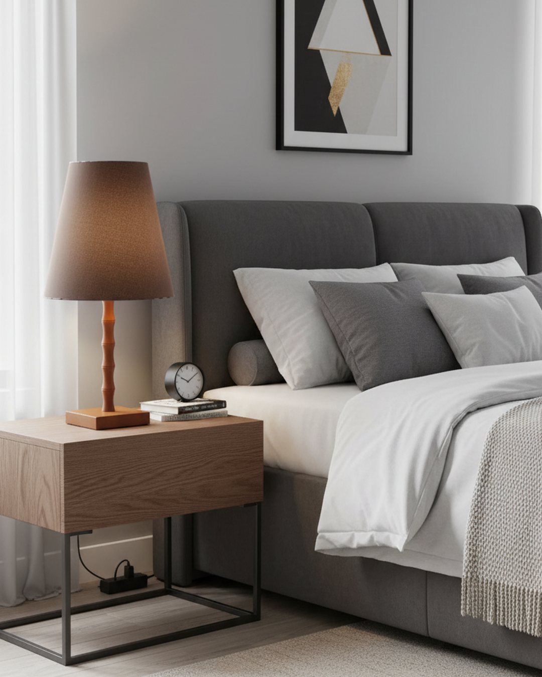 Swanart modern bedside table lamp with fabric shade and wooden base, providing warm ambient lighting for bedroom or living room decor.
