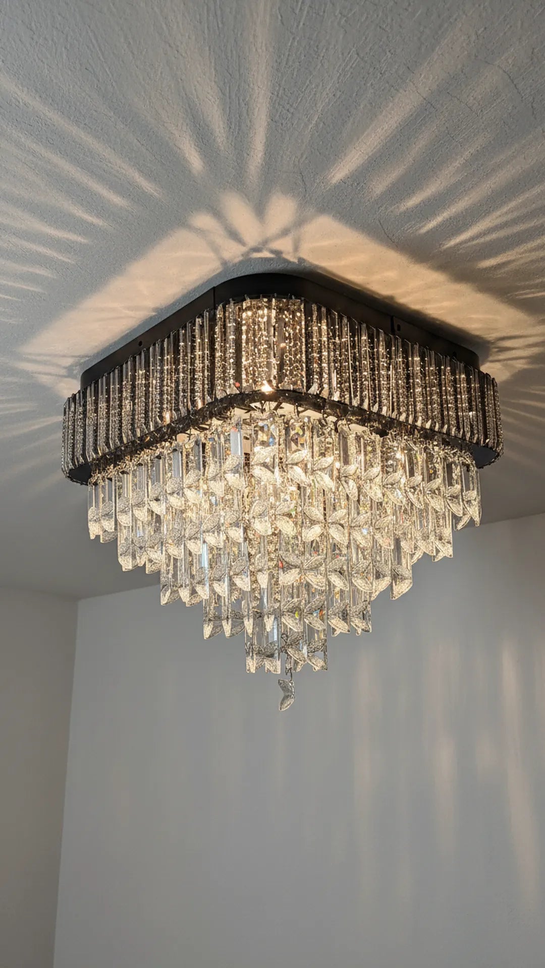 Modern square gold crystal chandelier by Swanart with multi-layer pendant crystals, perfect for living, dining, or bedroom ceiling lighting.