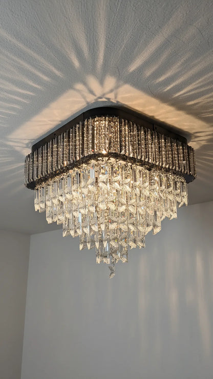 Modern square gold crystal chandelier by Swanart with multi-layer pendant crystals, perfect for living, dining, or bedroom ceiling lighting.