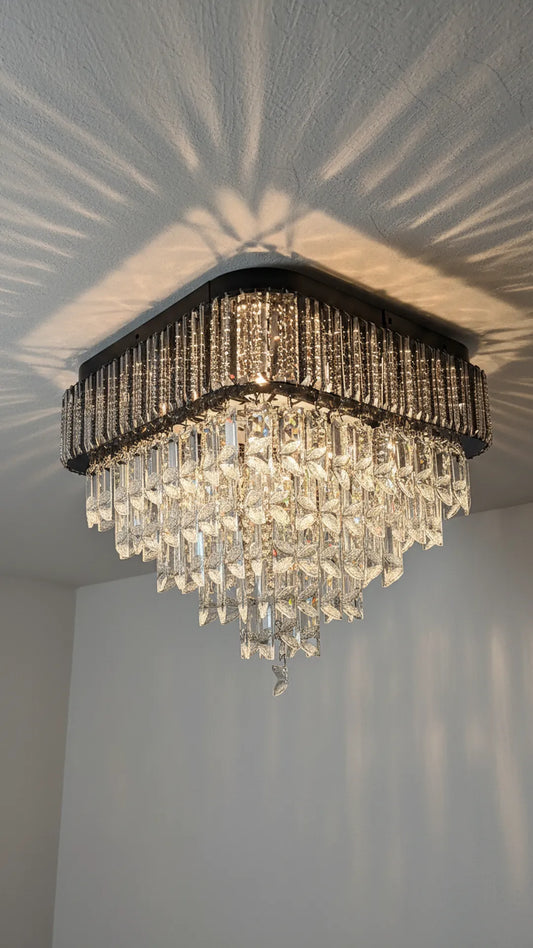 Modern square gold crystal chandelier by Swanart with multi-layer pendant crystals, perfect for living, dining, or bedroom ceiling lighting.