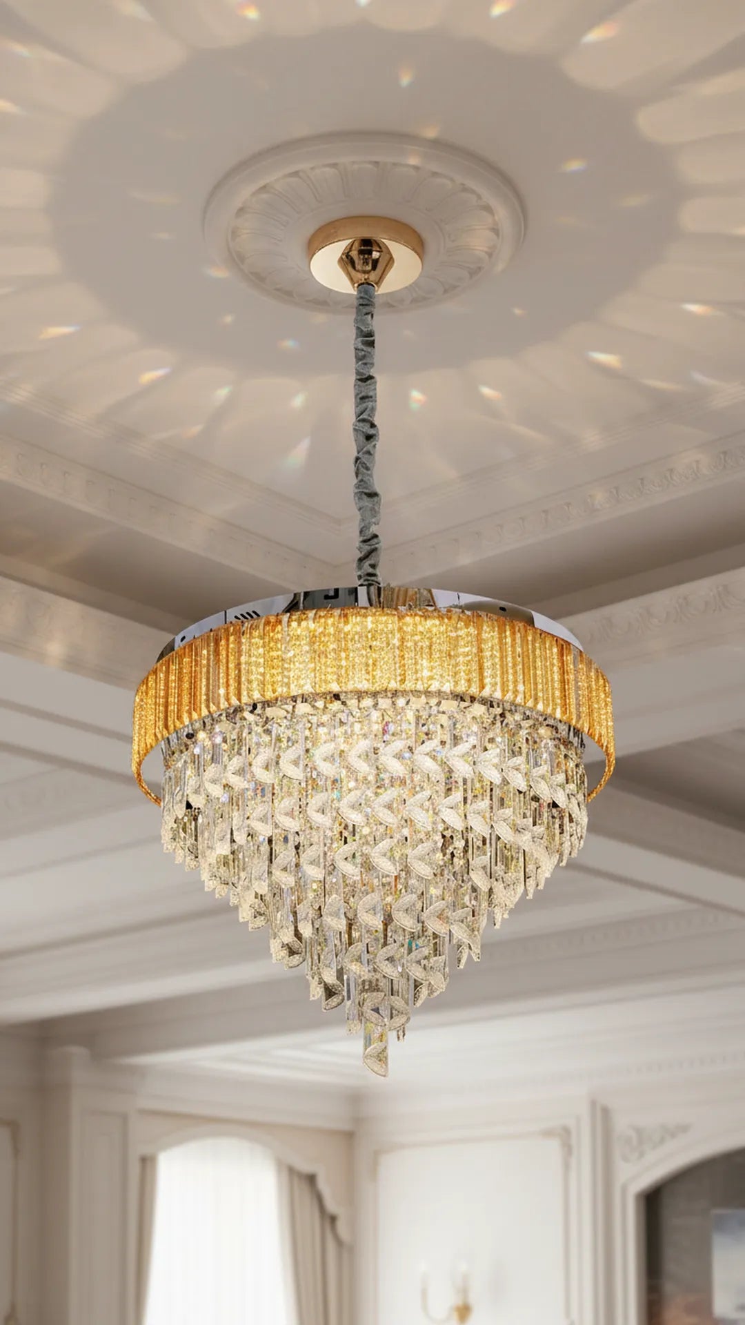 Swanart luxury crystal chandelier with five gold layers, round LED ceiling pendant lamp, ideal for living, dining, and bedroom decor