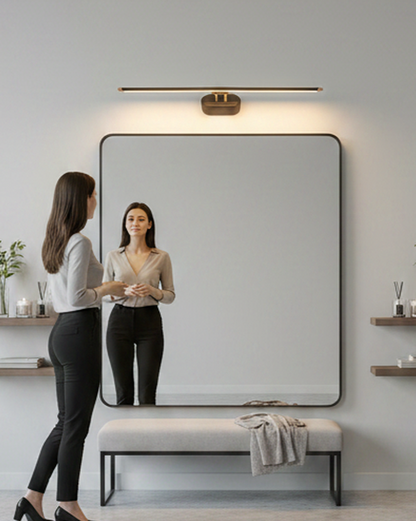 Swanart modern LED bathroom mirror light with warm white illumination, wall-mounted metal vanity lamp for dressing tables.