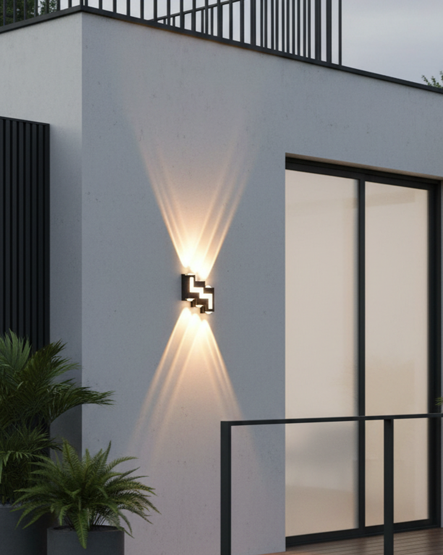 Swanart modern outdoor wall light with black finish, waterproof LED sconce illuminating exterior balcony, garden, porch, or patio.