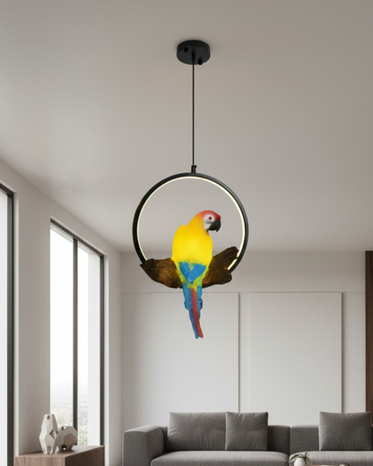 Swanart Modern Parrot LED Pendant Light Ring hanging lamp with decorative bird design for living room, bedroom, or dining area ceiling lighting.