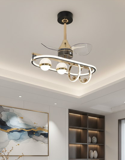 Swanart modern LED ceiling fan with gold finish, 3 blades, decorative ring light, flush mount design for living room or bedroom