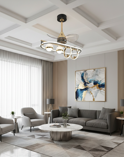 Swanart modern LED ceiling fan with gold finish, 3 blades, decorative ring light, flush mount design for living room or bedroom
