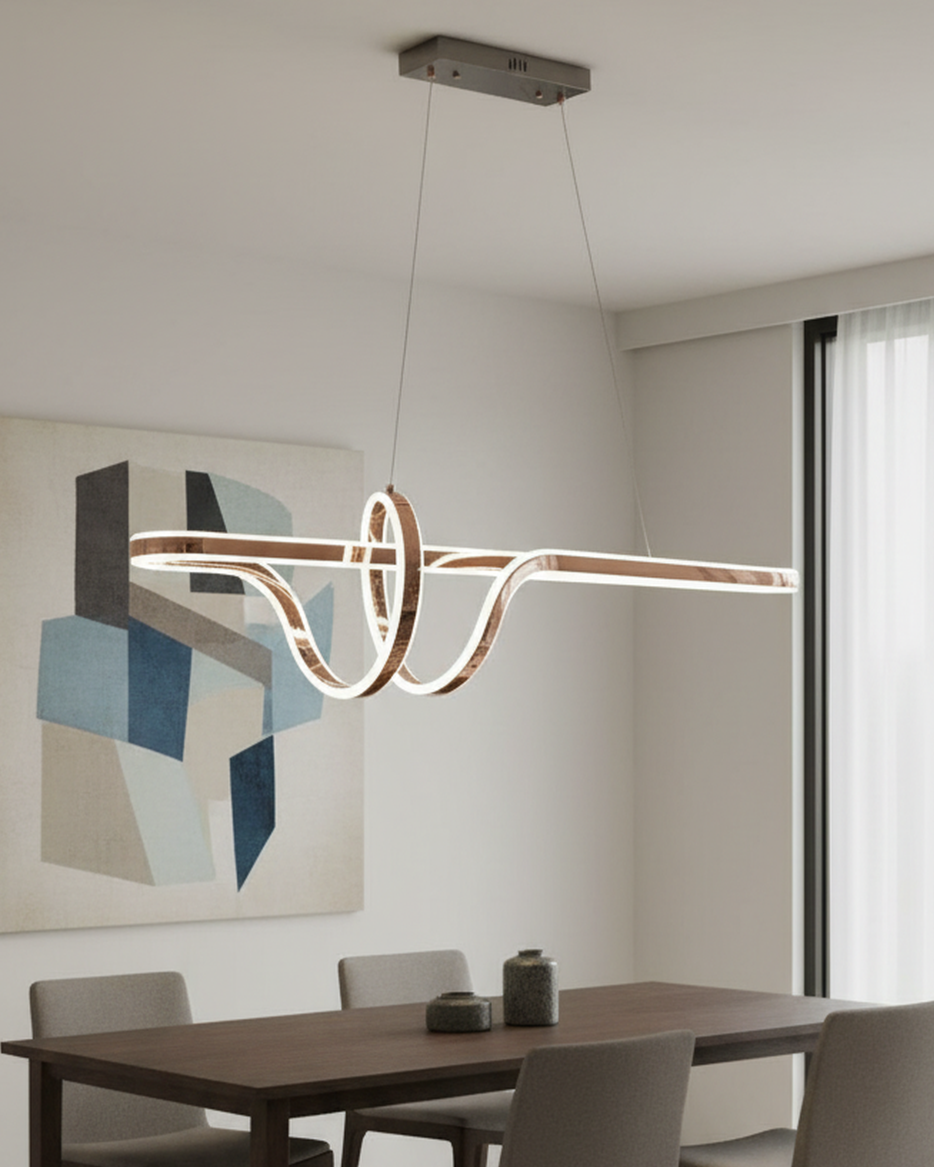 Swanart modern LED wave pendant chandelier hanging over a dining table, contemporary decorative lighting fixture in a stylish living room