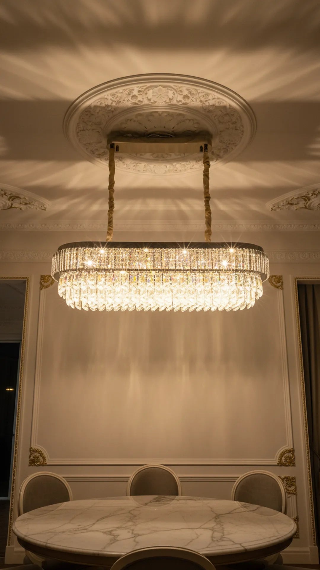 Swanart luxury 4-layer crystal chandelier with rectangular modern LED design, hanging over a dining table in a stylish living room.