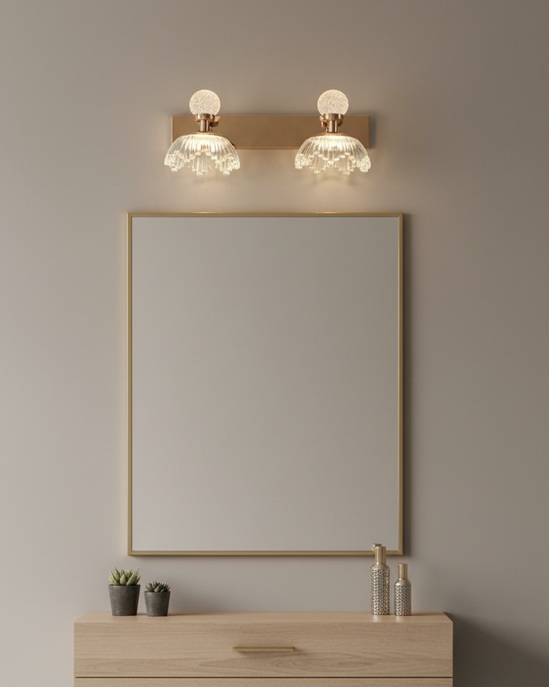 Swanart modern crystal wall light with gold finish, double head LED sconce for bedroom, living room, or bathroom decor.