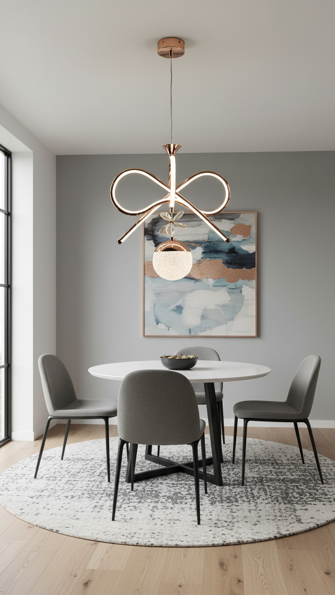 Swanart modern infinity loop LED pendant chandelier with rose gold finish, crystal accents, glass globe, decorative hanging light for home.