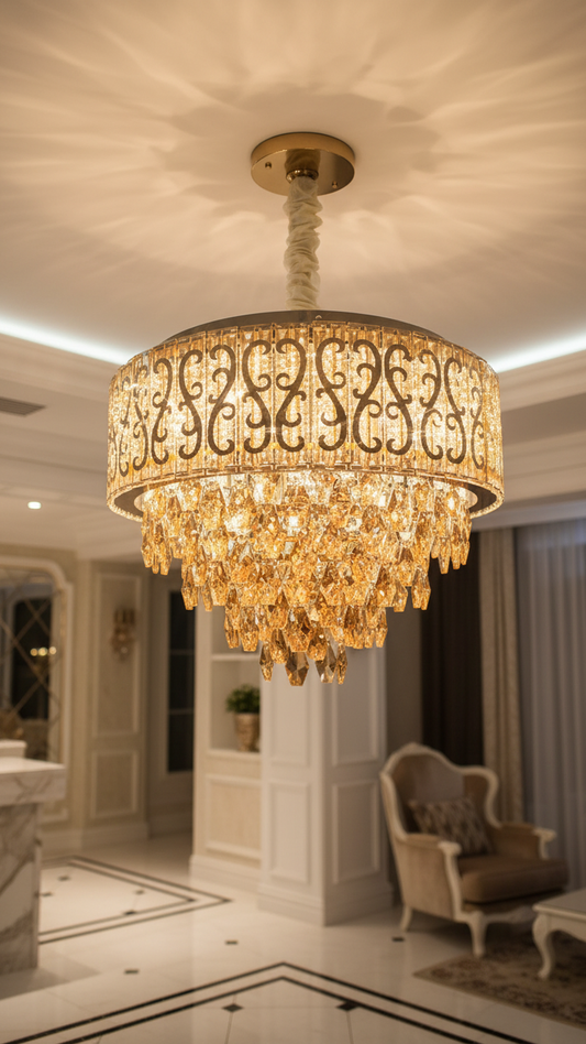 Swanart crystal chandelier ceiling light with gold finish, modern hanging LED lamp, decorative lighting for living room or bedroom