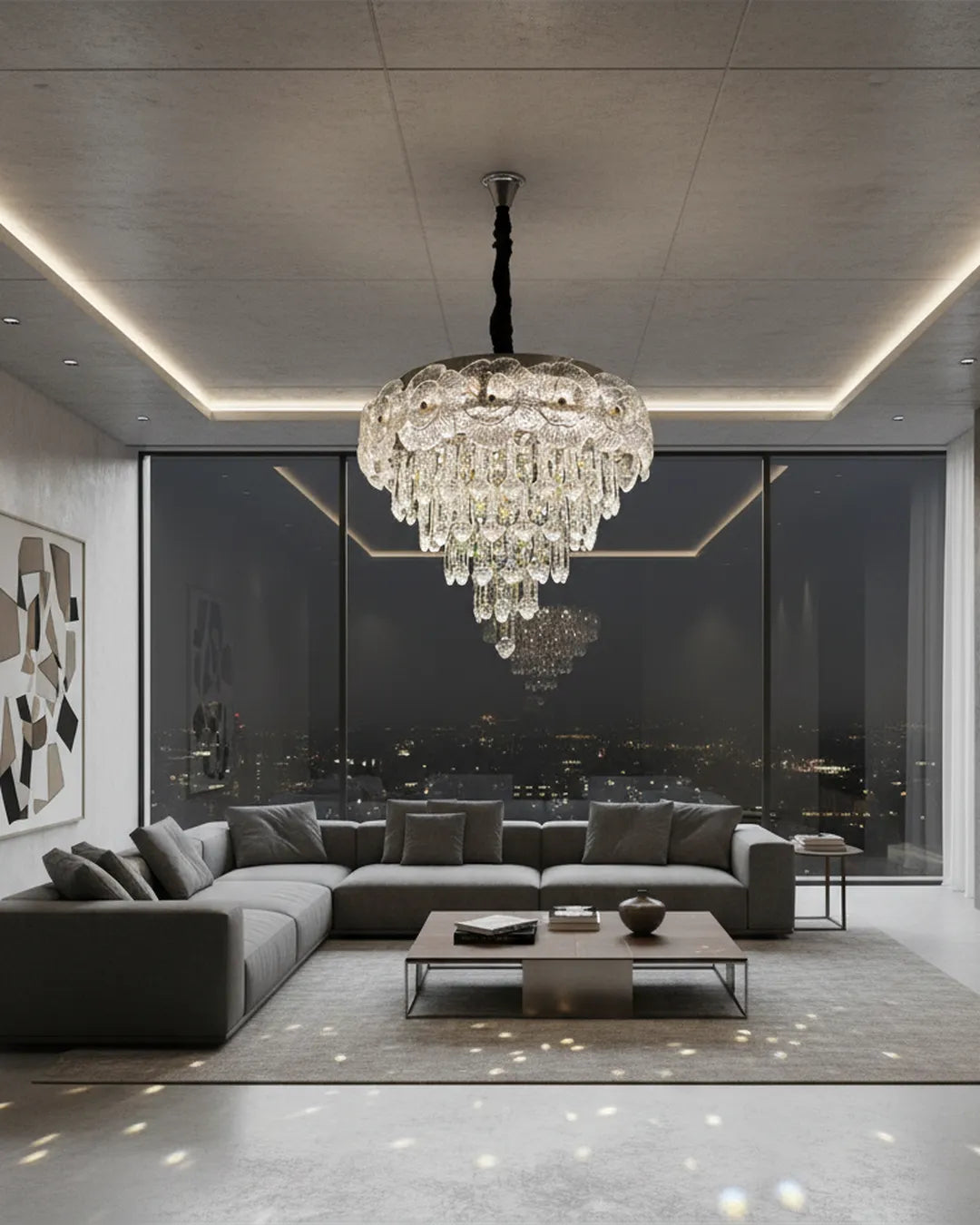 Elegant Swanart modern crystal flower chandelier with hanging LED lights and glass pendants, ideal for living, dining, or bedroom decor.