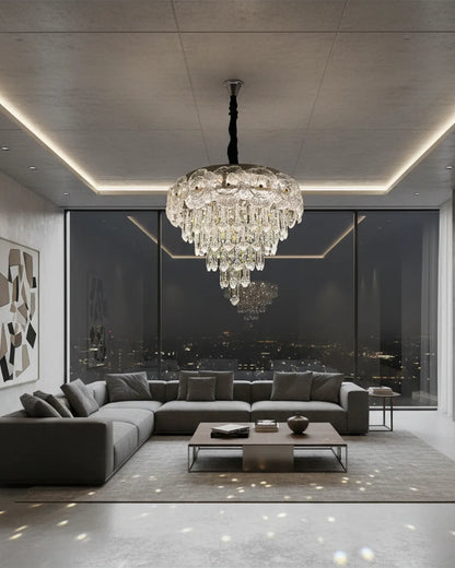 Elegant Swanart modern crystal flower chandelier with hanging LED lights and glass pendants, ideal for living, dining, or bedroom decor.