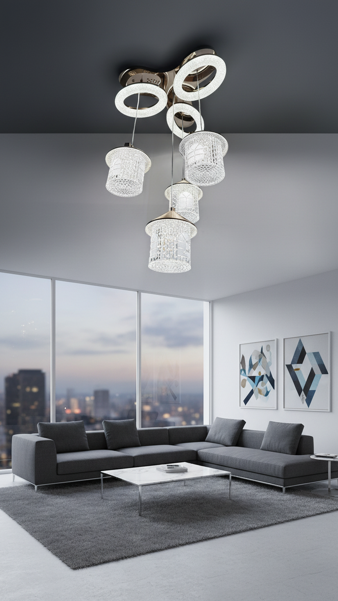 Swanart Rose Gold LED chandelier with crystal ring, modern hanging pendant light featuring Bluetooth music system for living or dining rooms.