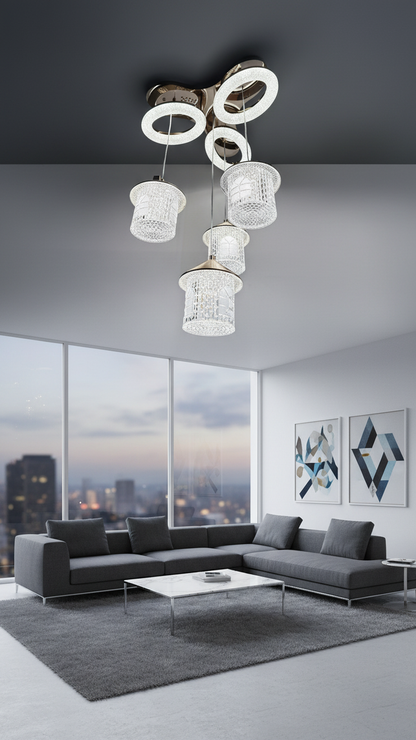 Swanart Rose Gold LED chandelier with crystal ring, modern hanging pendant light featuring Bluetooth music system for living or dining rooms.