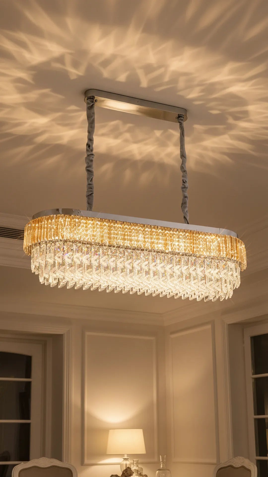 Swanart Luxury Crystal Linear Chandelier for Dining Table, Modern Gold LED Pendant Ceiling Light, 4 Layer Crystal Rectangular Hanging Lamp for Living Room Kitchen Island Dining Room