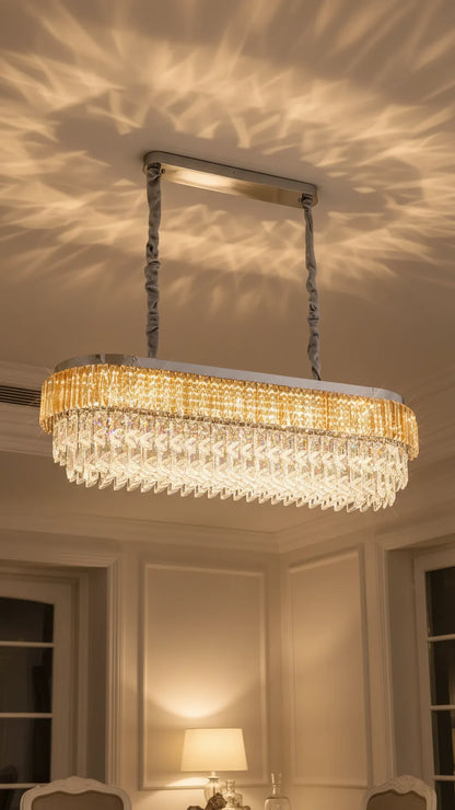 Swanart Luxury Crystal Linear Chandelier for Dining Table, Modern Gold LED Pendant Ceiling Light, 4 Layer Crystal Rectangular Hanging Lamp for Living Room Kitchen Island Dining Room