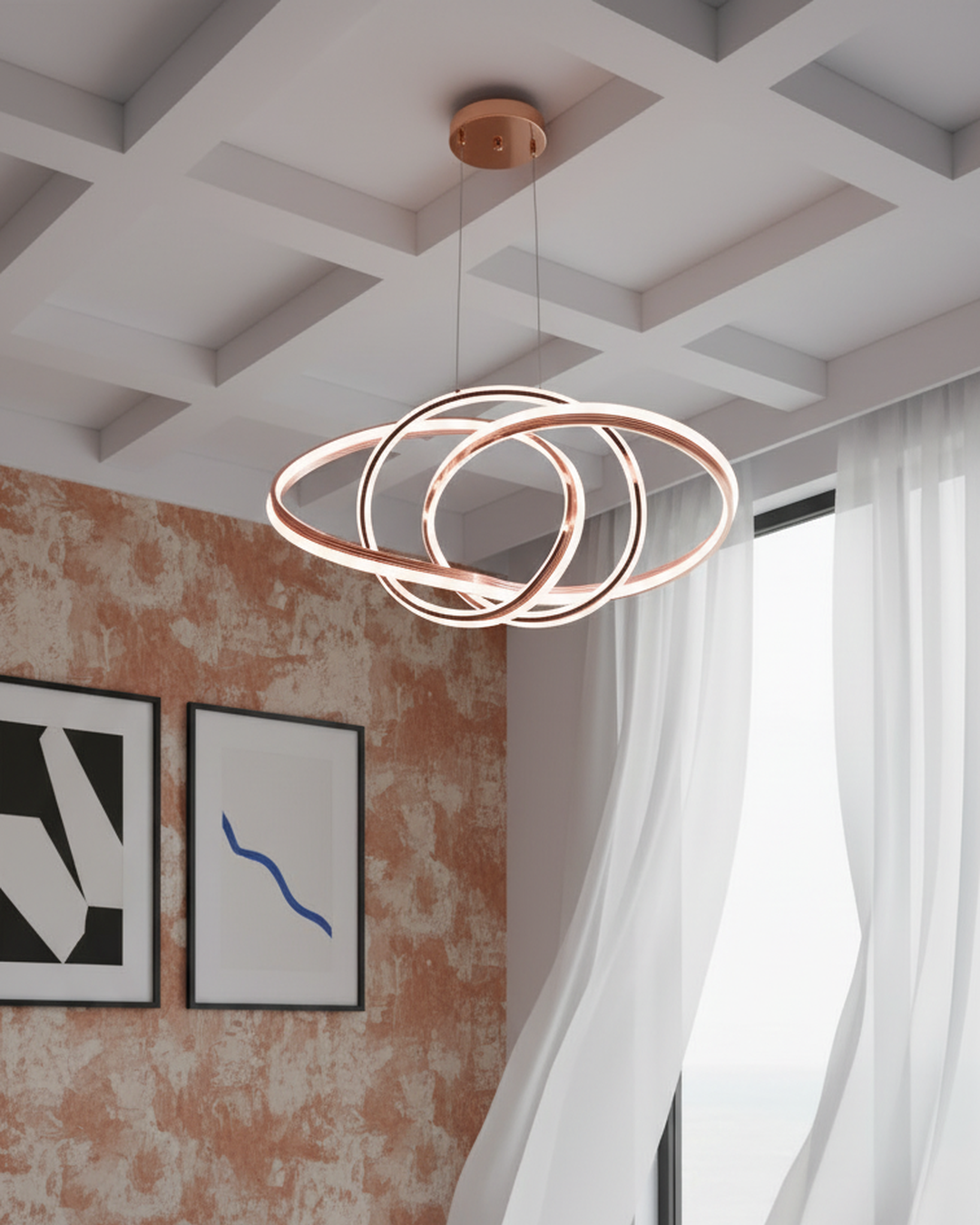 Swanart modern pendant light with sleek, minimalist design hanging in a stylish living space, providing elegant ambient lighting.