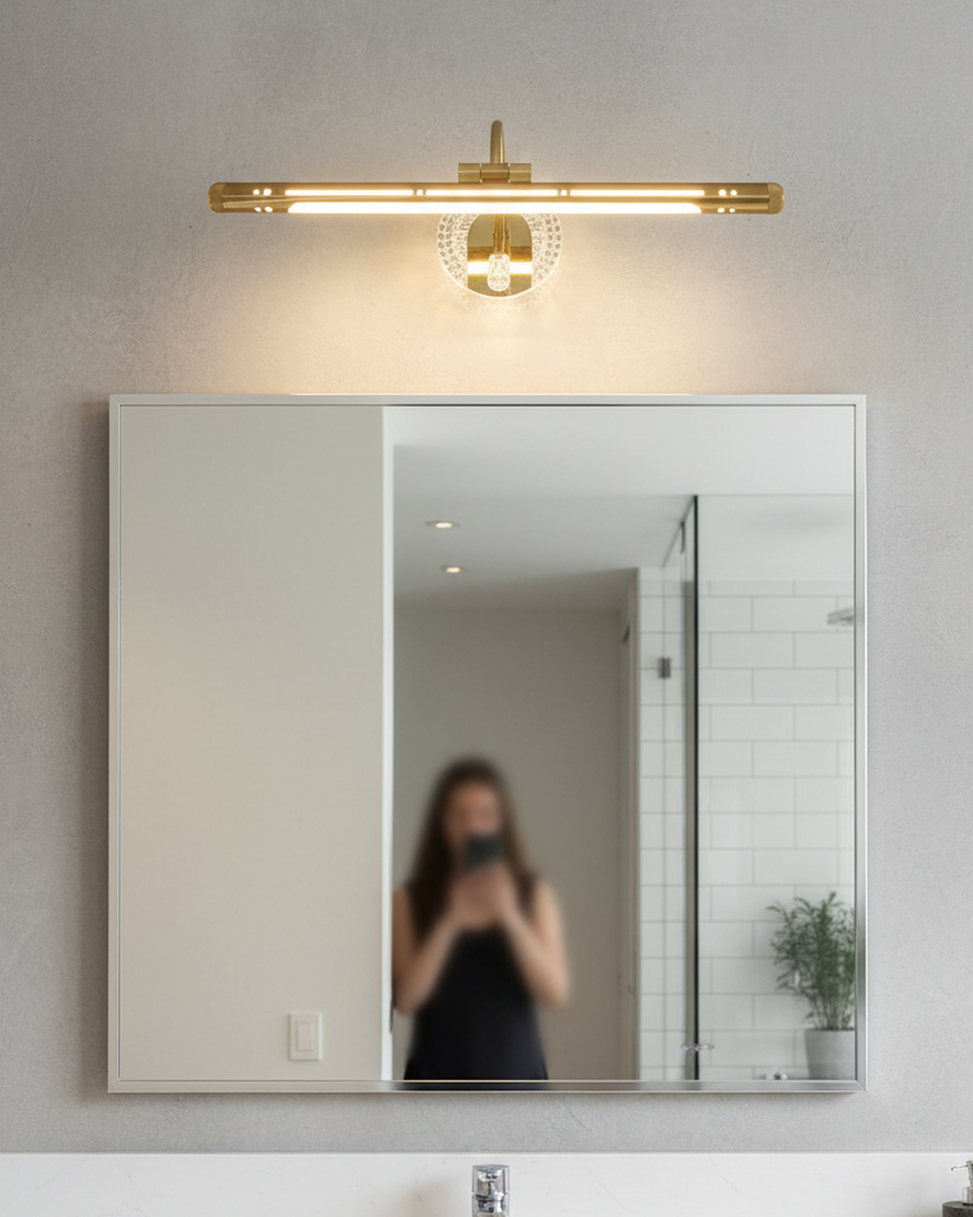 Swanart modern LED wall sconce with gold finish, crystal accent, 18-inch bar vanity light for bathroom or mirror lighting.