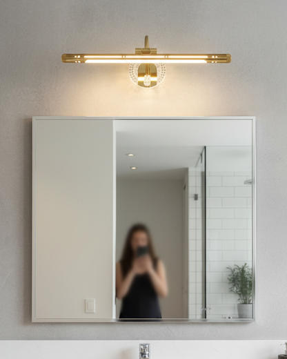 Swanart modern LED wall sconce with gold finish, crystal accent, 18-inch bar vanity light for bathroom or mirror lighting.