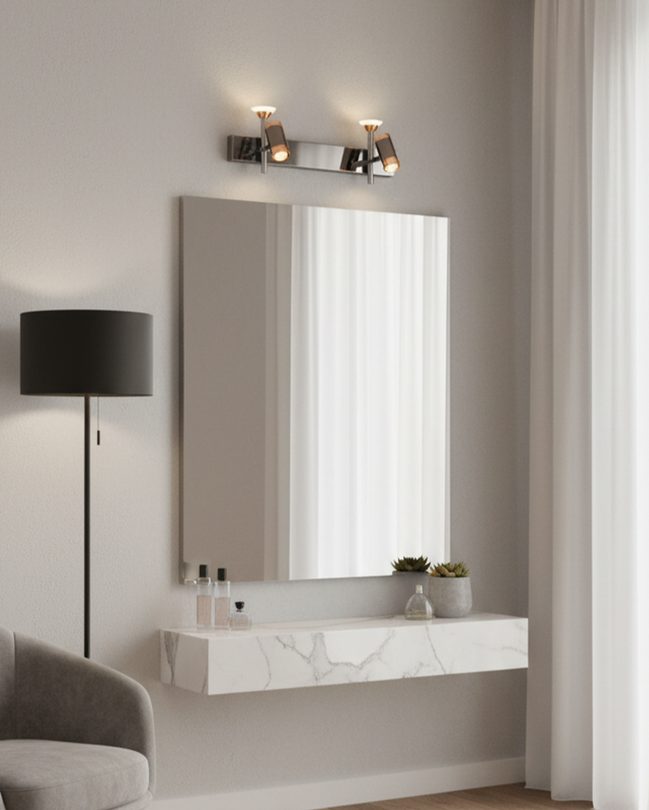 Modern black and rose gold Swanart wall sconce with dual adjustable LED cylindrical shades for living room, bedroom, or office decor.