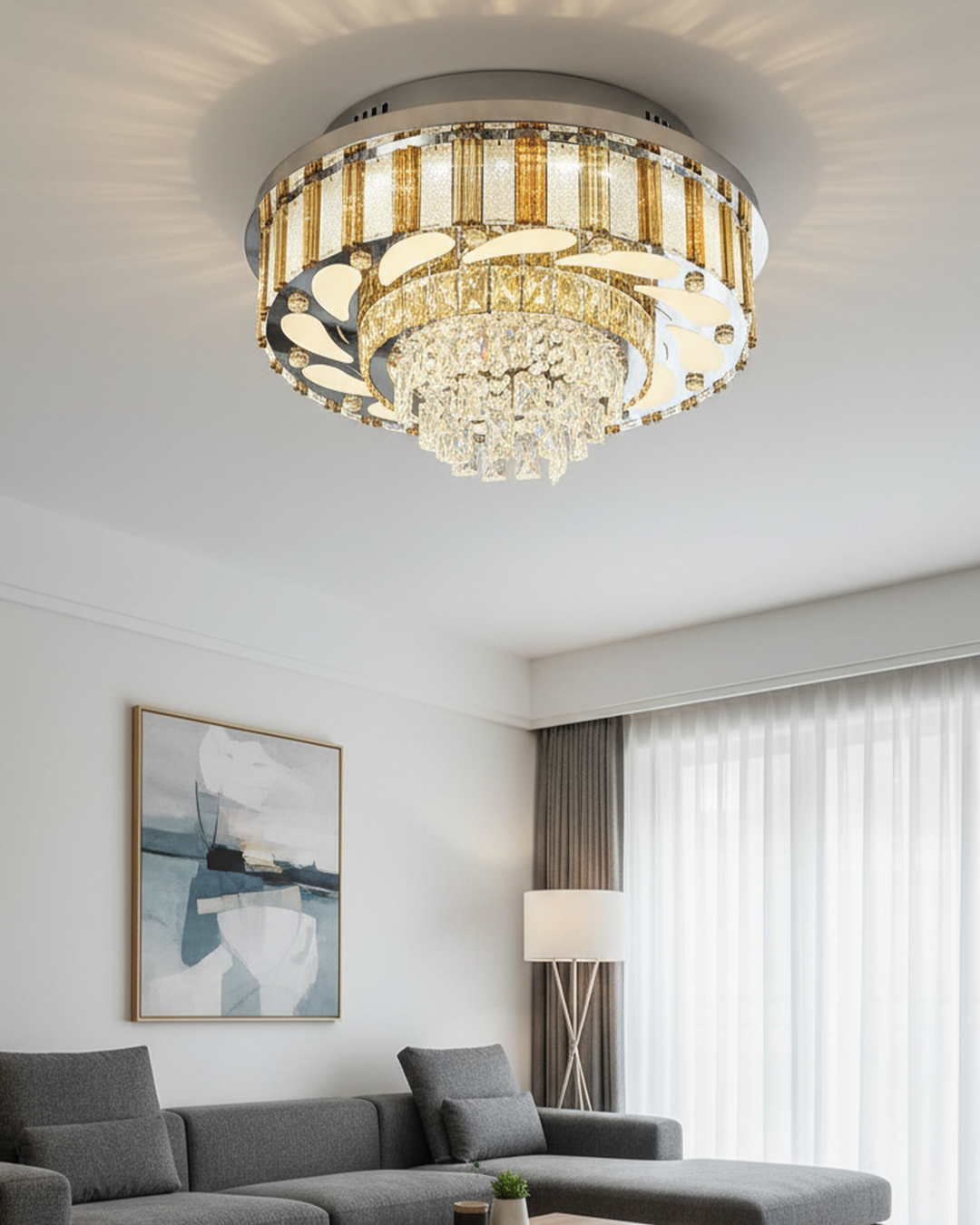 Swanart crystal chandelier with golden accents, featuring multiple tiers of sparkling hanging crystals and intricate metalwork.
