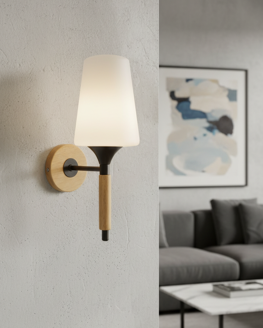 Swanart modern wooden wall light with frosted glass shade, minimalist sconce for warm ambient lighting in bedroom or living room.