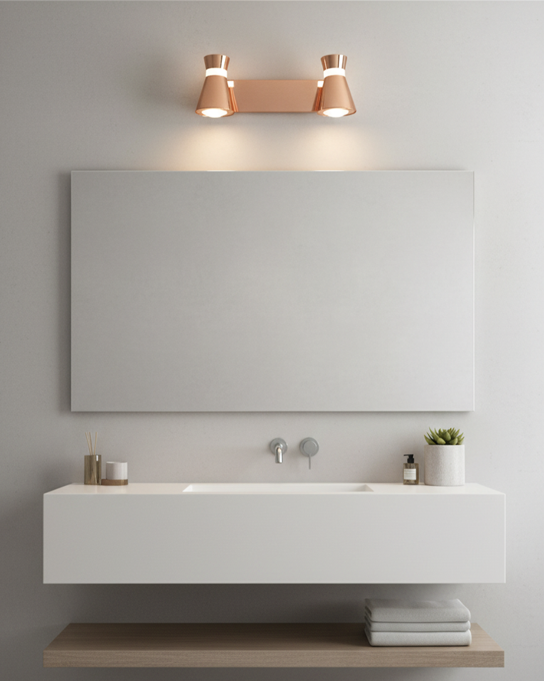 Swanart Luxurious Rose Gold 3-in-1 LED wall spot light with adjustable arm and color-changing LED for pictures, displays, or mirrors.