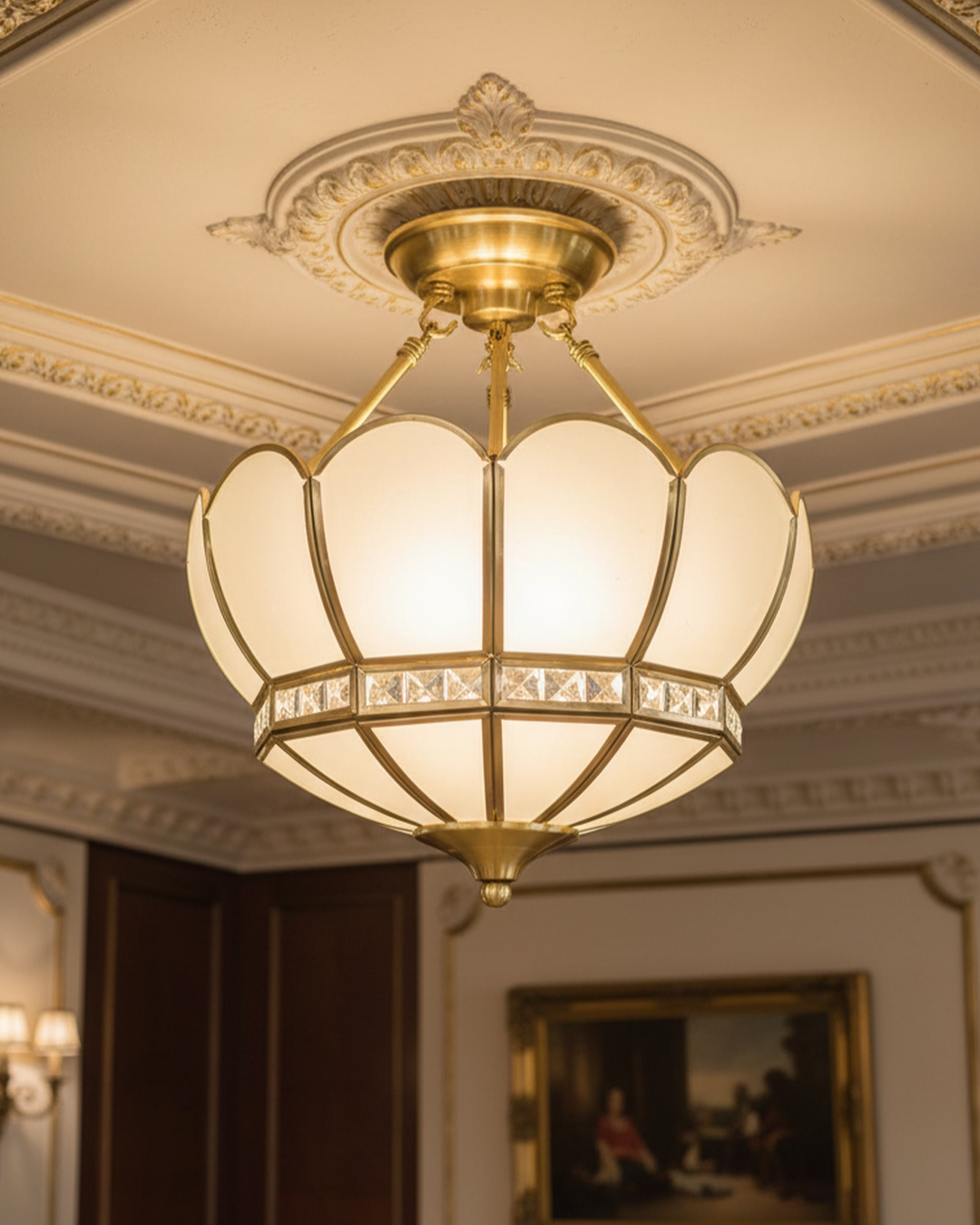 Swanart vintage lotus glass semi-flush ceiling light with intricate floral design and elegant metal fixture.