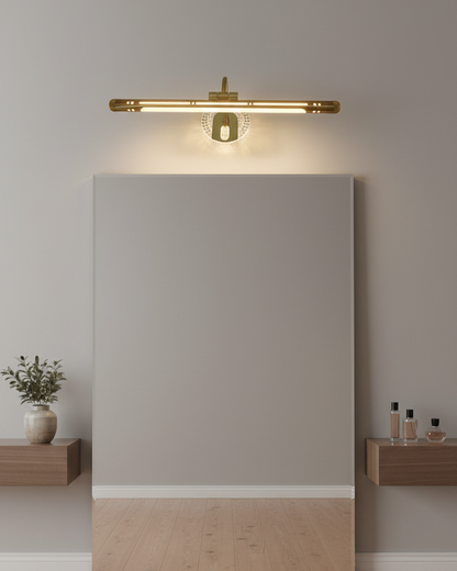 Swanart modern LED wall sconce with gold finish, crystal accents, 18-inch bar vanity light for bathroom or picture art illumination.