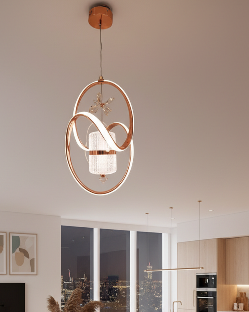 Modern Swanart crystal LED pendant light with rose gold rings, adjustable height, decorative ceiling lamp for living room or bedroom.