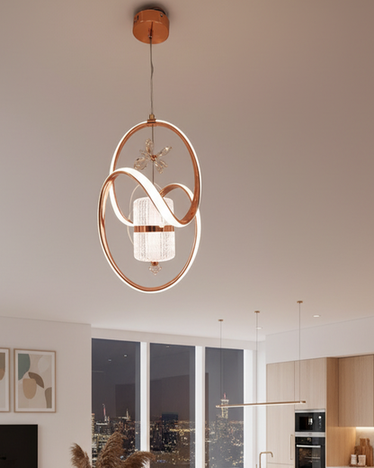 Modern Swanart crystal LED pendant light with rose gold rings, adjustable height, decorative ceiling lamp for living room or bedroom.