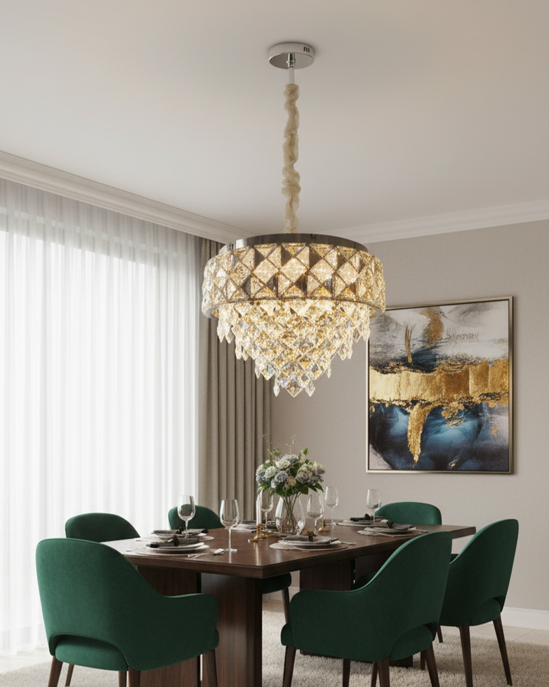 Swanart crystal chandelier ceiling light with modern LED design, round 50cm diameter, hanging pendant lamp with decorative crystals.
