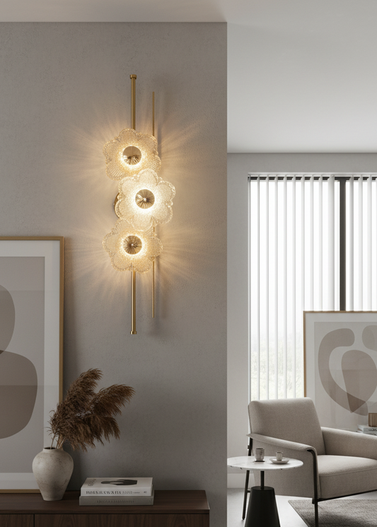 Swanart modern gold floral crystal wall light with decorative glass flower design, ideal for living rooms, bedrooms, and hallways.