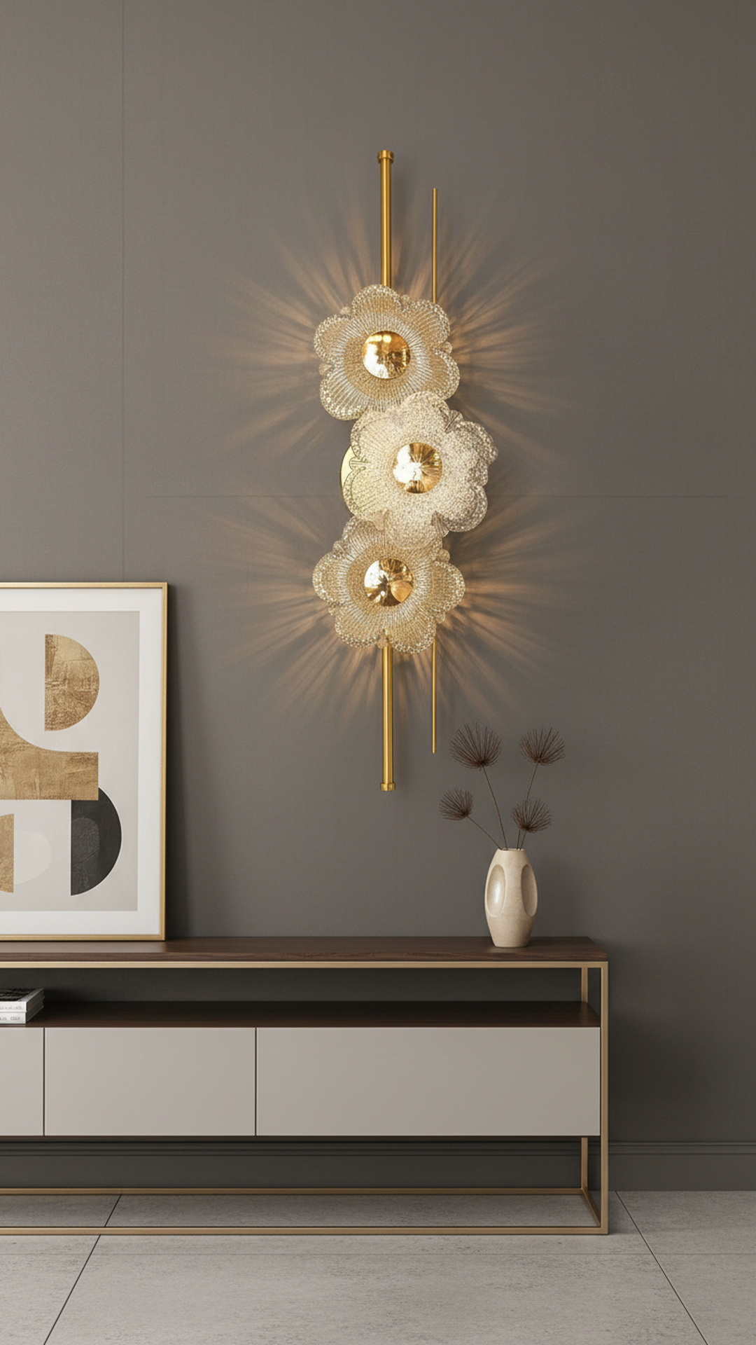 Swanart modern gold crystal flower wall light with floral glass design, decorative LED sconce for living room, bedroom, or hallway.
