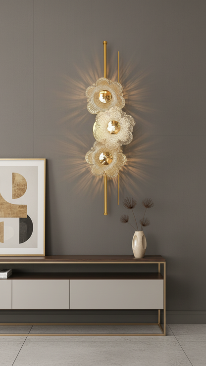 Swanart modern gold crystal flower wall light with floral glass design, decorative LED sconce for living room, bedroom, or hallway.