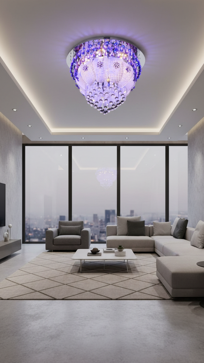 Swanart Prismara Modern Crystal Ceiling Chandelier with Remote | Multi-Color LED Lights | Bluetooth Music System | Rotating Crystal Pendant | 36cm x 36cm Elegant Design - Swanart