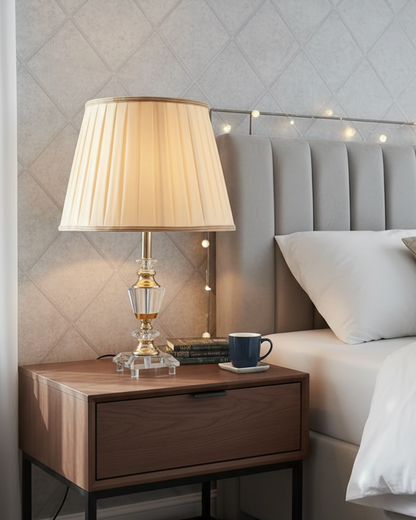 Swanart crystal table lamp with fabric shade and gold finish base, modern bedside night light for bedroom, living room, or study.