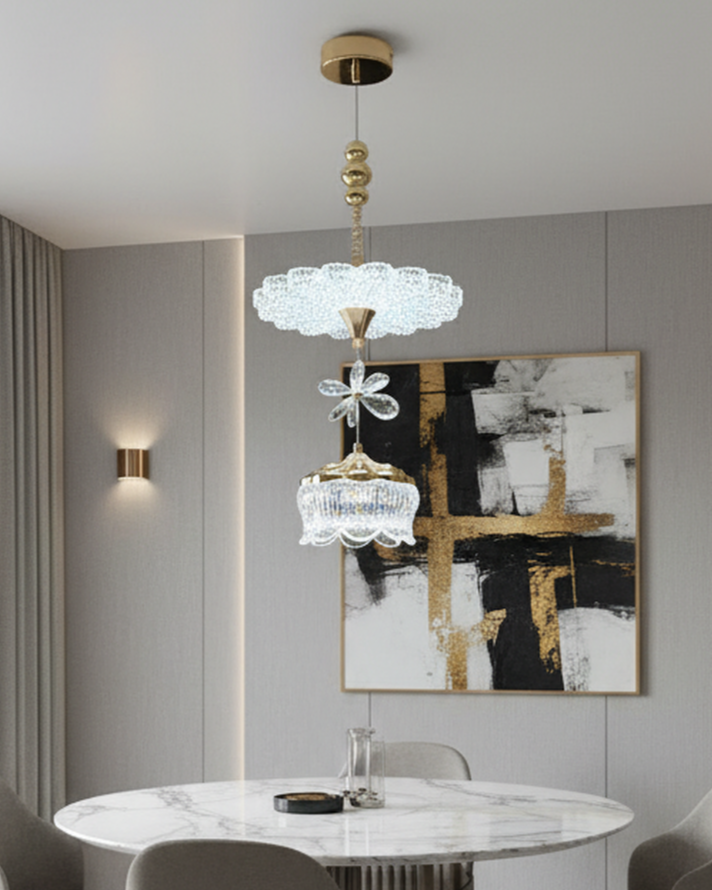 Swanart modern crystal chandelier pendant light with gold finish, featuring adjustable height and elegant sparkling design for dining or living rooms.