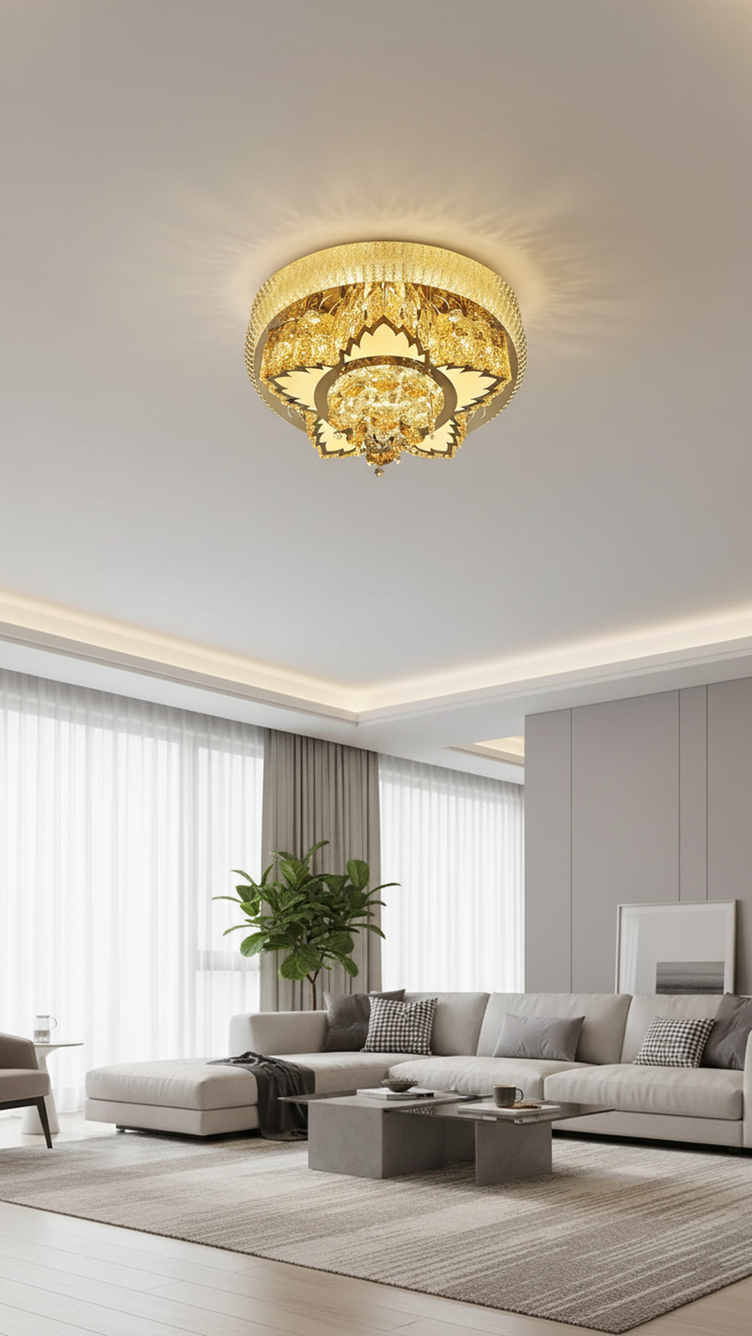 Swanart crystal pendant chandelier light with multiple hanging crystals and modern design in a creative studio setting.