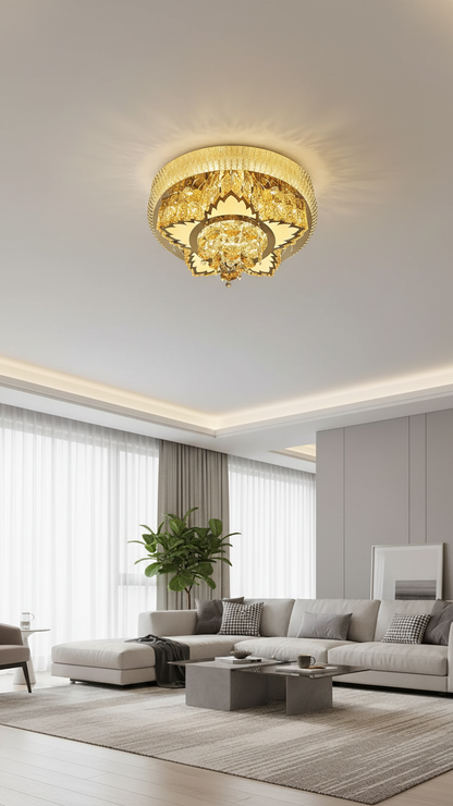 Swanart crystal pendant chandelier light with multiple hanging crystals and modern design in a creative studio setting.