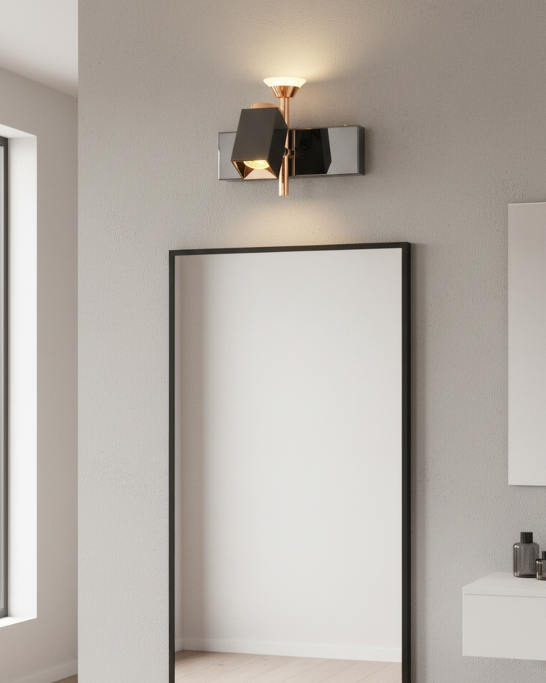 Swanart modern black and rose gold wall sconce with dual LED lights, adjustable angles, ideal for living room, bedroom, or office decor.
