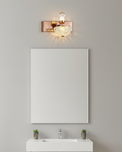 Swanart rose gold crystal wall sconce with diamond cut glass shade, modern LED wall light for living room, bedroom, hallway decor