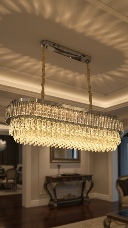 Swanart luxury 4-layer crystal chandelier with rectangular modern LED ceiling light, hanging above dining or living room space.