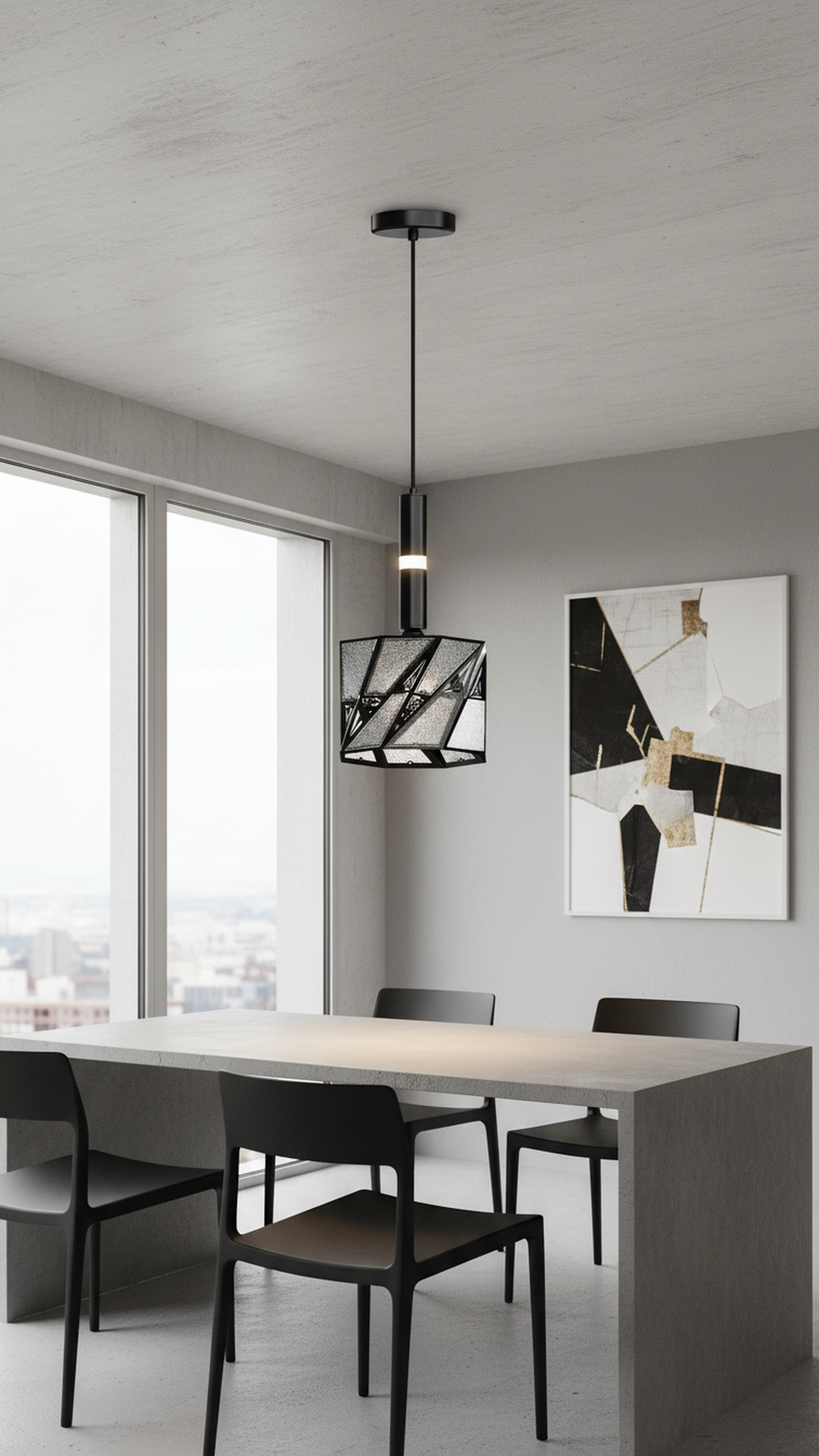 Swanart modern black geometric pendant light with textured glass shade hanging in a contemporary dining room or kitchen.
